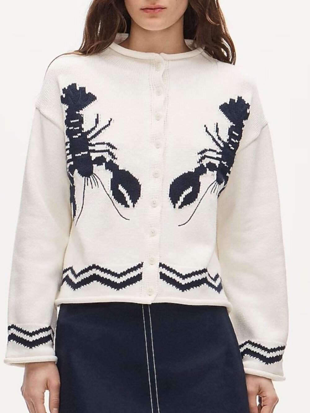 J. Crew 2025 Rollneck Cardigan with Lobster Intarsia Ivory Navy